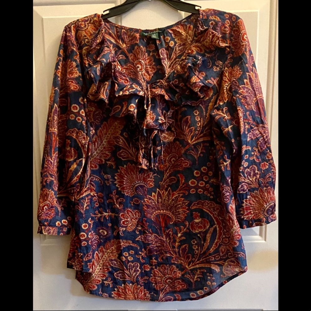 RALPH LAUREN L Sheer Paisley Blouse-3/4 Sleeve